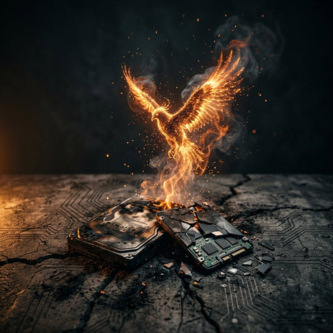 The Phoenix Restoration Protocol — scorched drive with rising ember phoenix