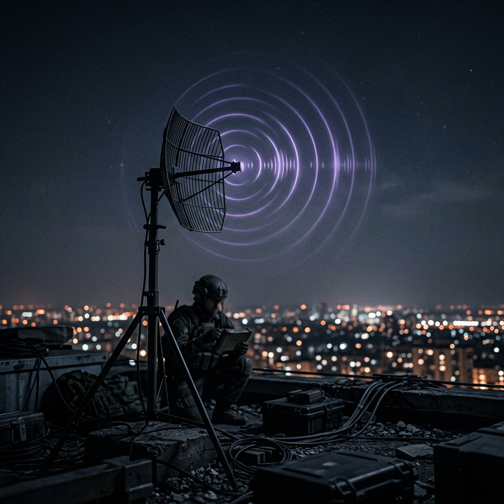 The Dark Comms Blueprint — rooftop antenna at night
